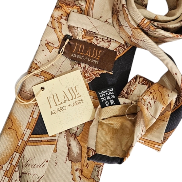 ALVIERO MARTINI Beige Map Silk LUXURY Tie ITALY - Picture 4 of 5